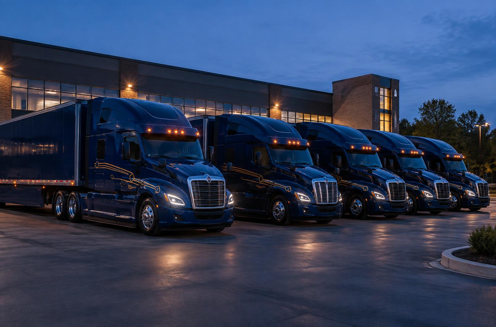 Small fleet of navy semi trucks at a trucking headquarters